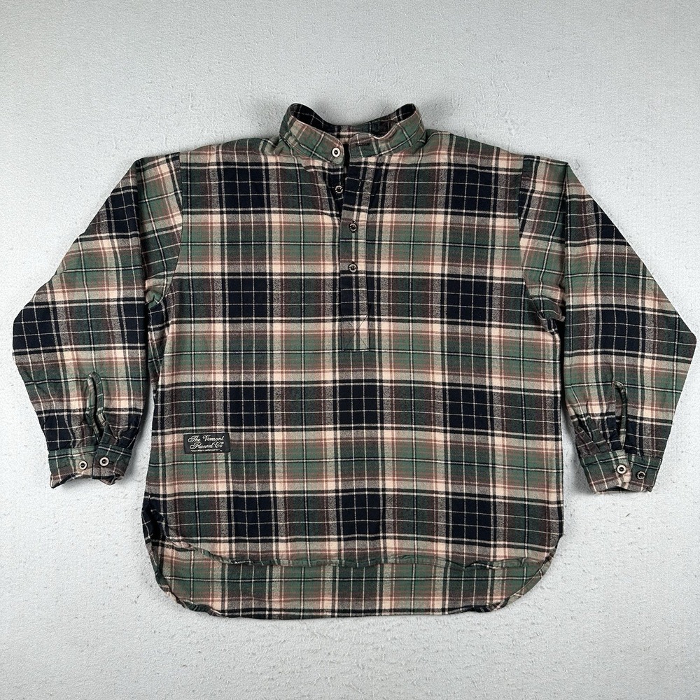 The Vermont Flannel Co Shirt Men's XL Green Black Plaid 1/4 Button Band Collar